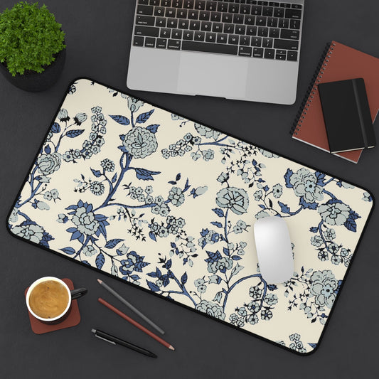 Large Luxury Desk Mat Premium Quality Neoprene Mouse Pad Blue Ivory Floral Desk Mat Light Weight Multi-Functional Desk Mat Office Supplies - The Storied Desktop